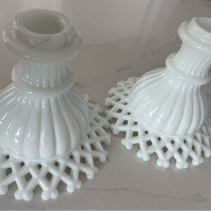 White Milk Glass Candlestick Holders - Lace Edge Pedestal Home Decor